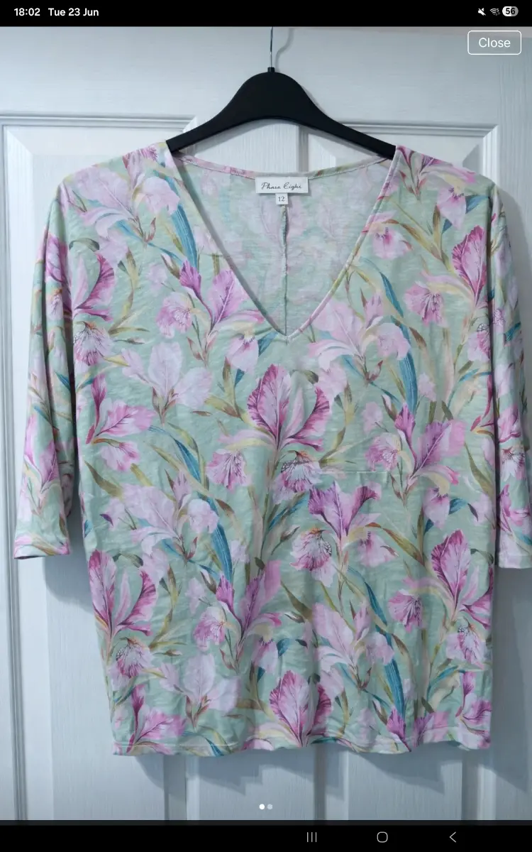 Phase Eight Floral Linen Top – Green & Pink – Size 10 – Lightweight Summer