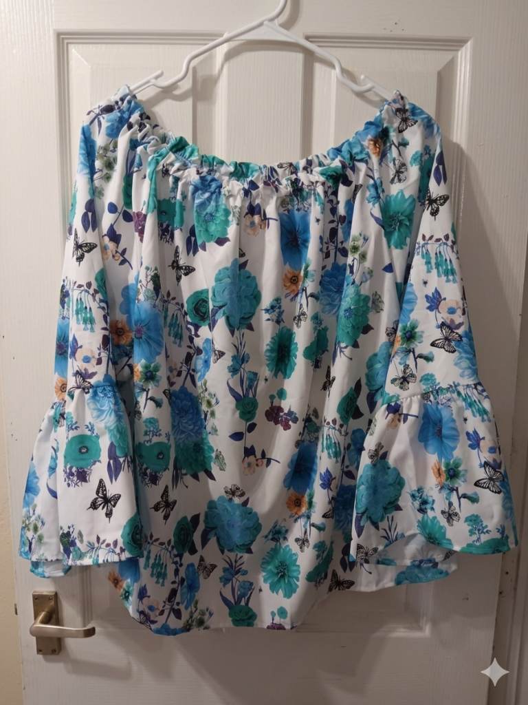 SHEIN 3XL Blue Floral Butterfly Off-the-Shoulder Blouse NWOT