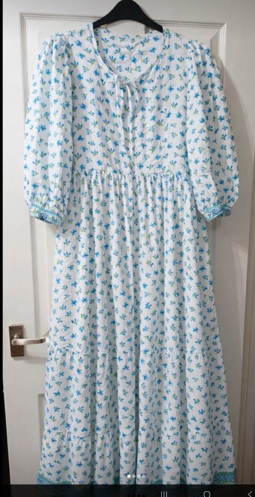 BNWT Floral Tiered Maxi Dress Blue White Cottagecore Smock Boho Size XL