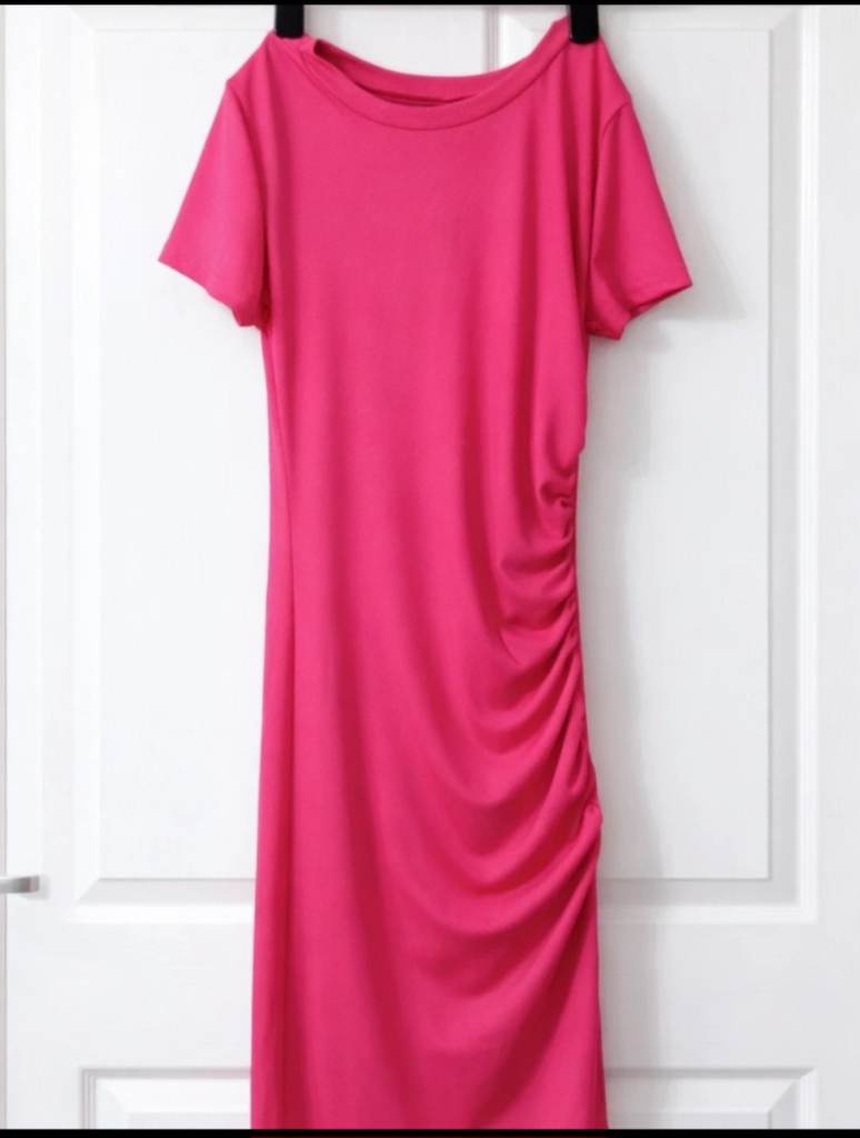 SHEIN Hot Pink Ruched Bodycon Midi Dress - NWT Size S (UK 8