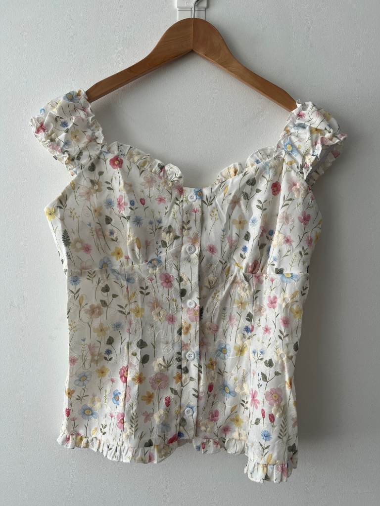 Floral Embroidered Milkmaid Top White Smocked Corset Blouse Cottagecore | Size 10/12