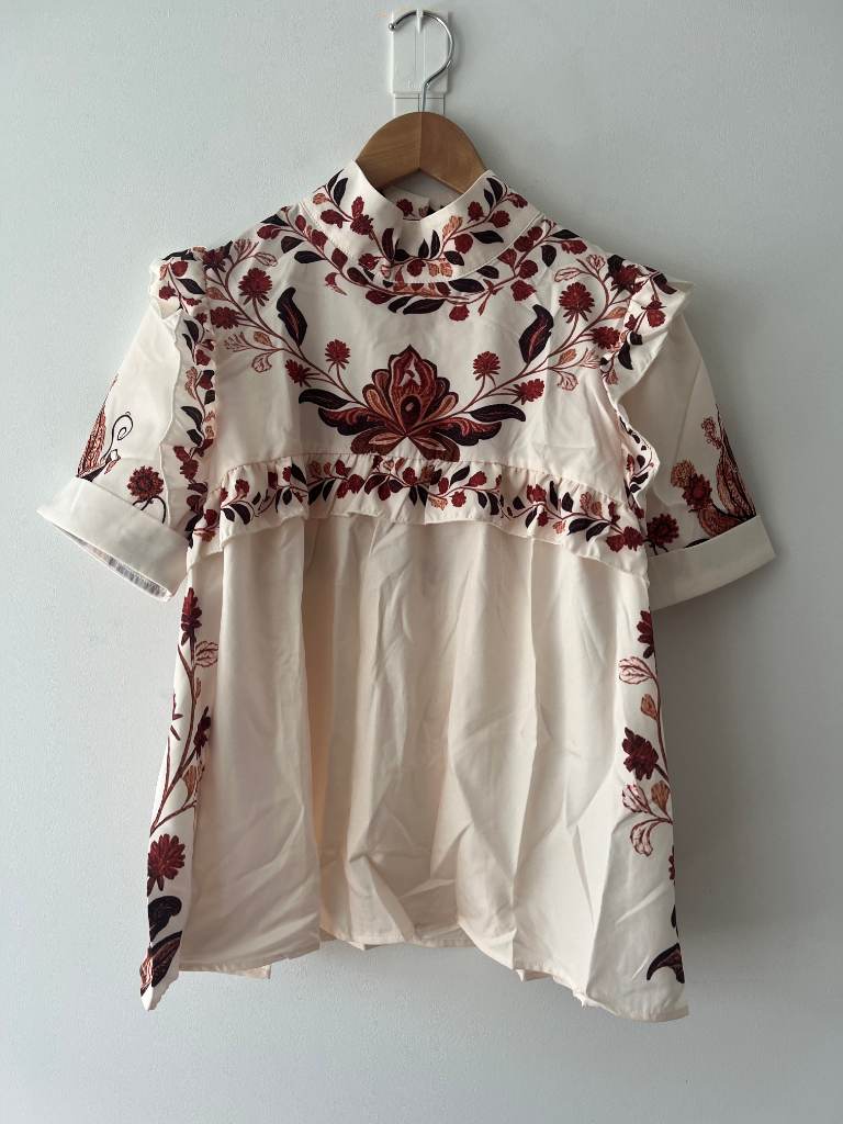 ECRU Folk Floral Printed Short Sleeve Top Cream Maroon | Size 12