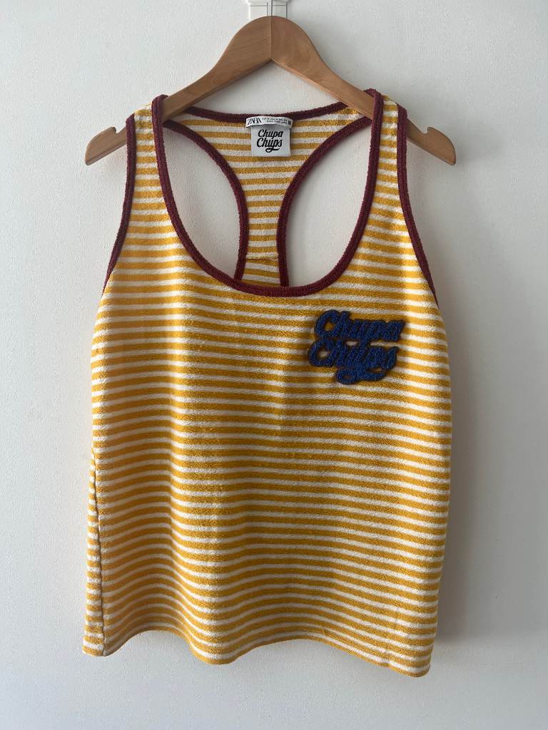 Zara x Chupa Chups Towelling Vest Top Size M Yellow Striped Terry Cloth Summer Beach