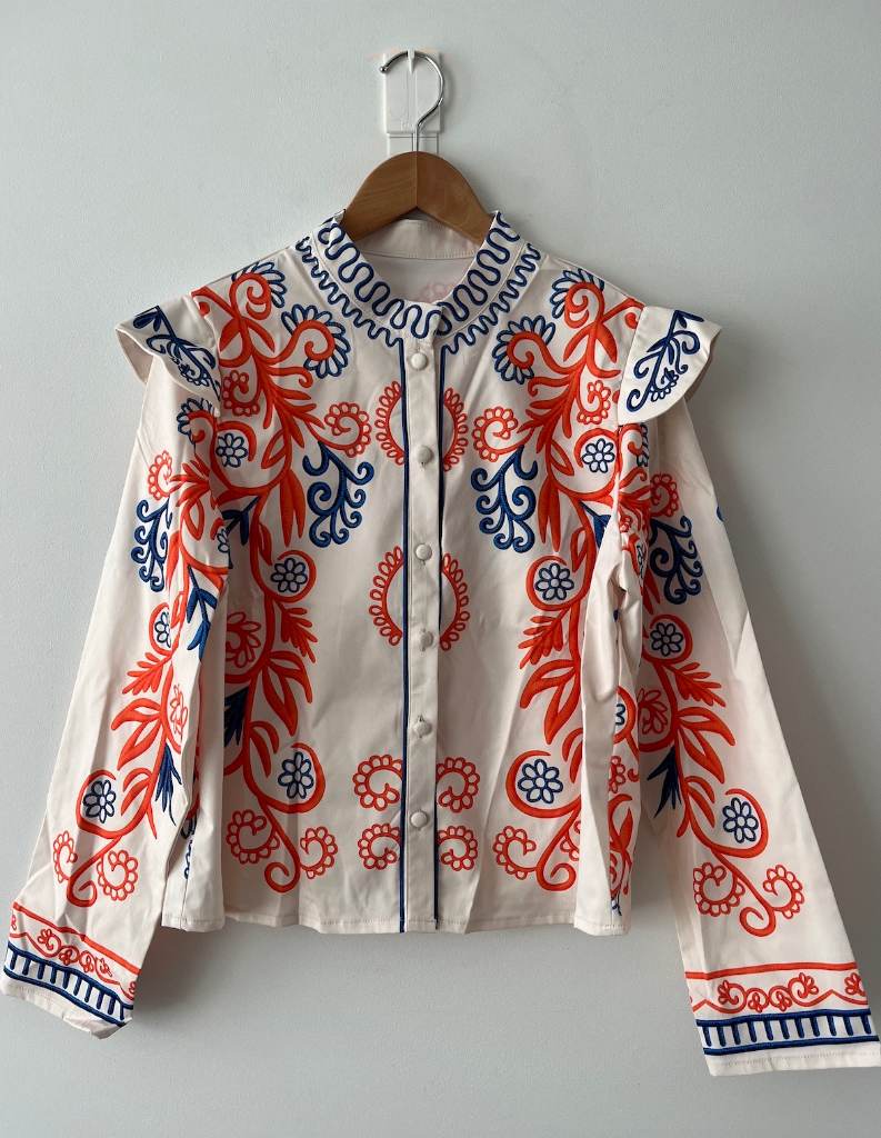 Boho Cream Statement Print Shirt with Ruffle Shoulder Detail | Size 14/16