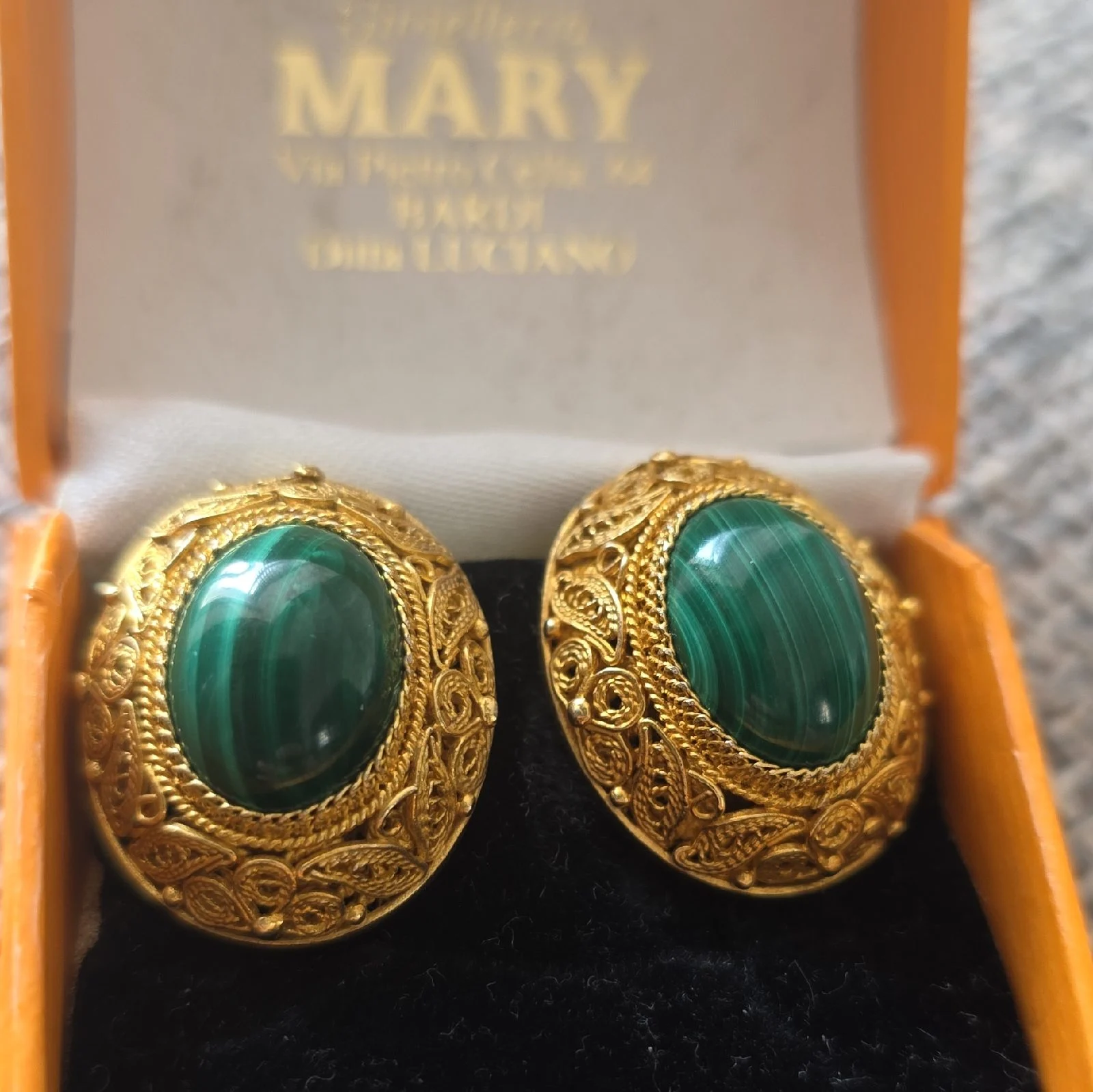 Vintage Italian Malachite clip on earrings. 925 steeling silver gold vermeil.
