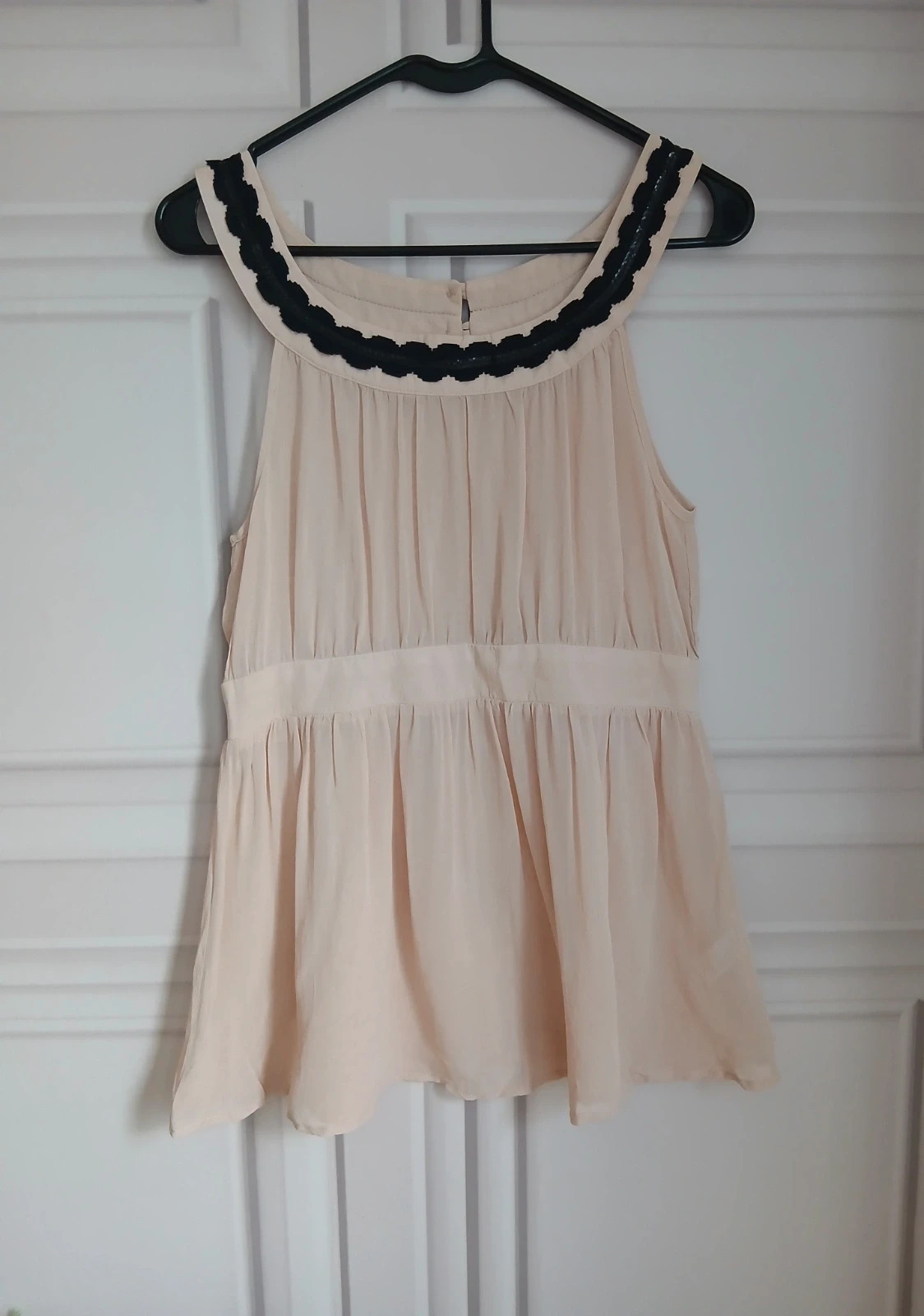Y2K Nude/Peach Babydoll Sleeveless Top with Black Sequin Neckline - Size UK 10