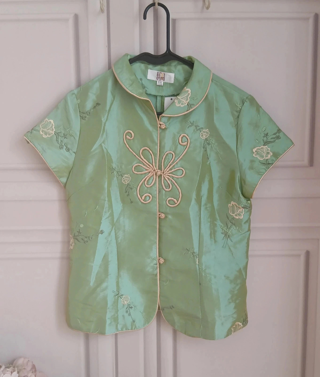 Oriental Style Top Soft Sage Green Mandarin Knot Floral Embroidery Beige/Gold Piping Satin Look