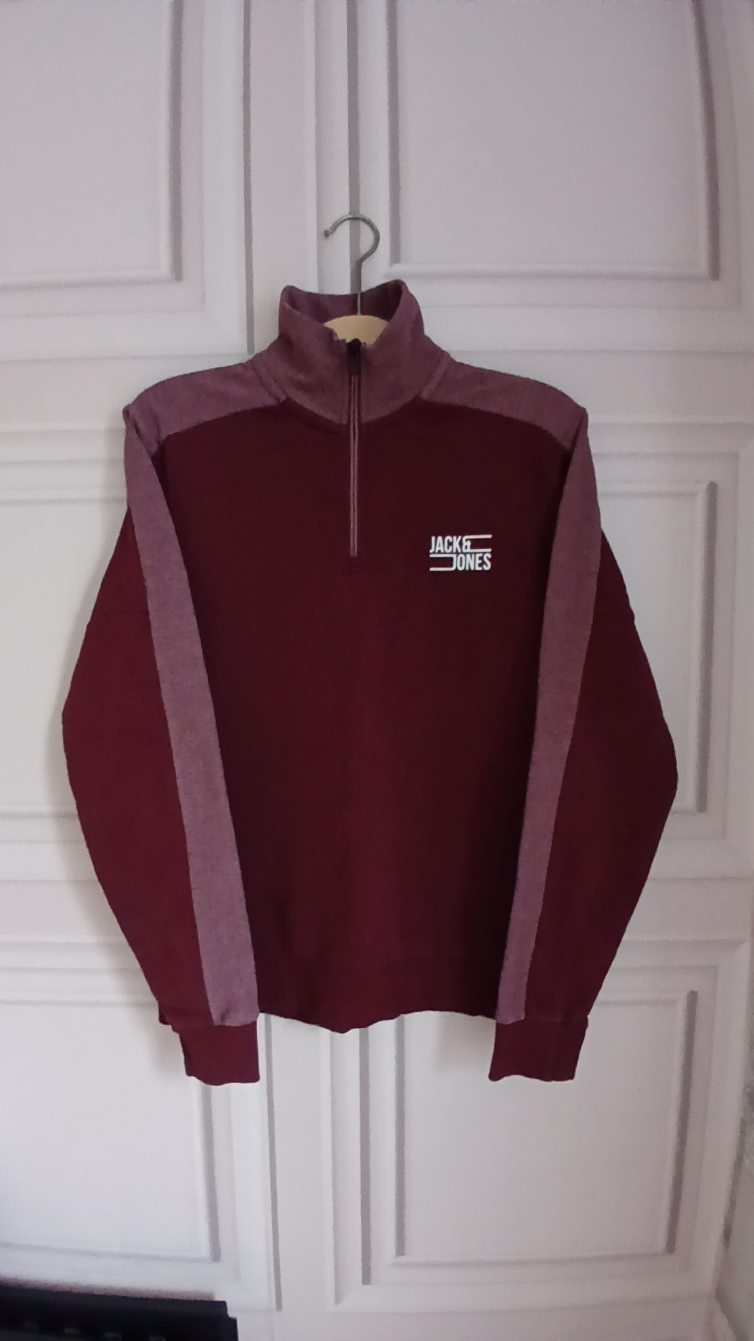 Jack & Jones Men's Burgundy Quarter Zip Sweatshirt Contrast Sleeves XS