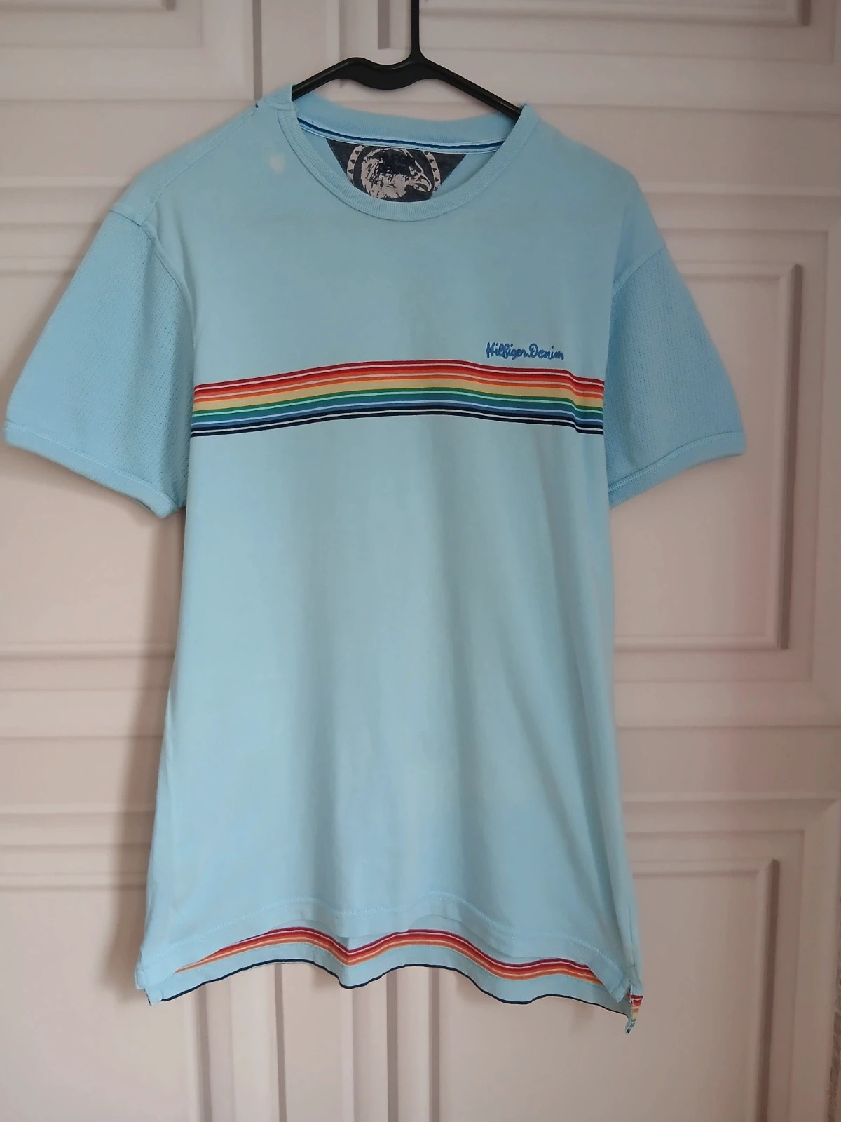 Hilfiger Denim Light Blue Rainbow Stripe T-Shirt - Size Large Pit to Pit 19"