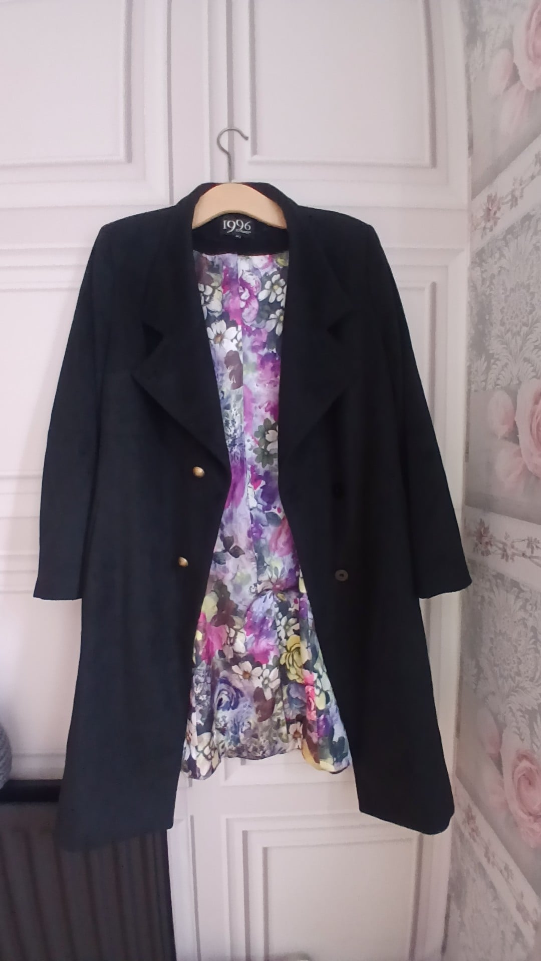 Classic 1996 Journey Black Women's Stylish Long Coat Size 44/UK 16 Floral Lining