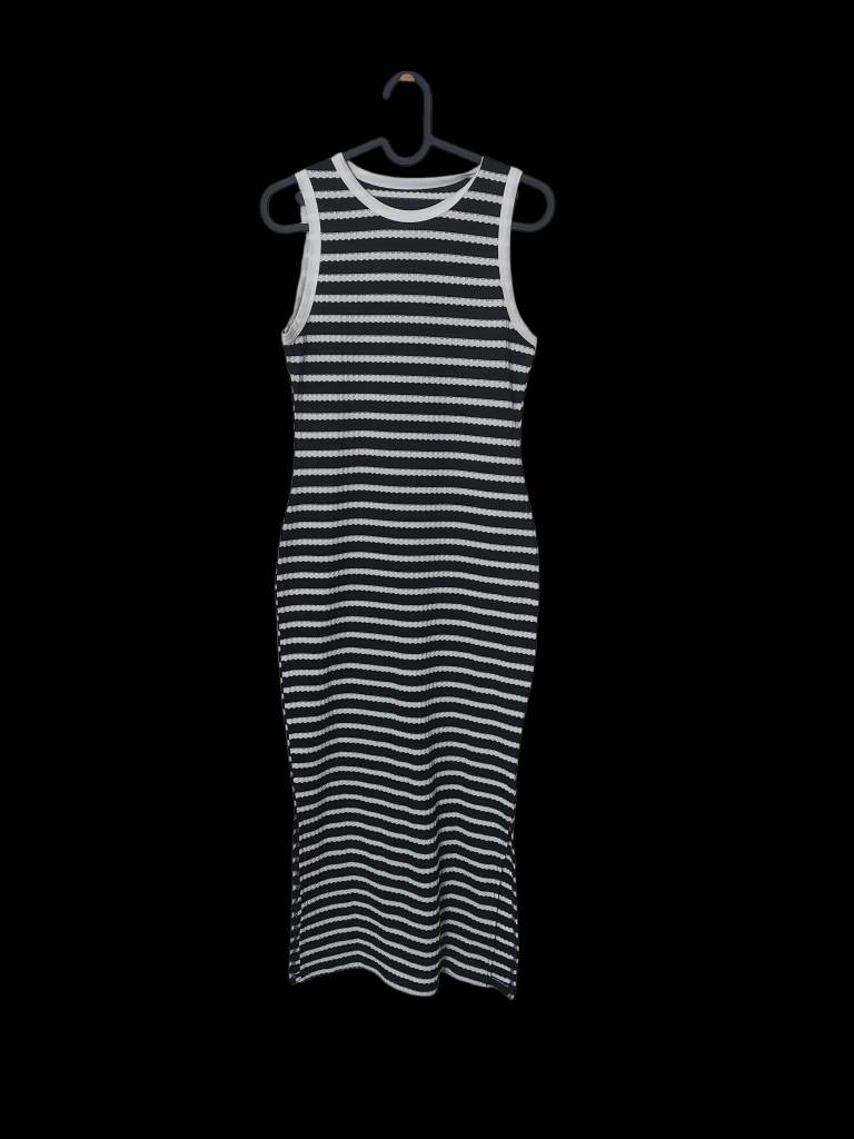 White Stuff Navy & White Striped Midi Dress | Nautical Coastal Chic | Side Split