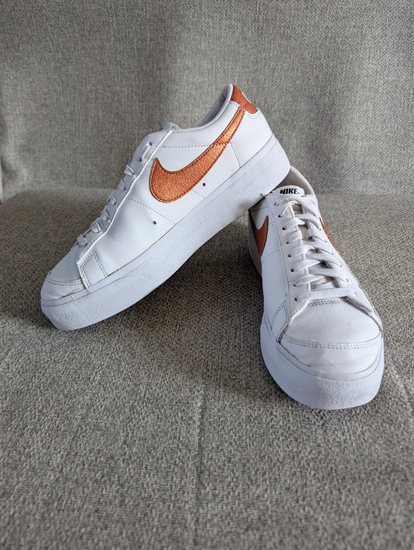 Nike Blazer Low Platform Sneakers White Leather with Copper Swoosh Size 8 UK