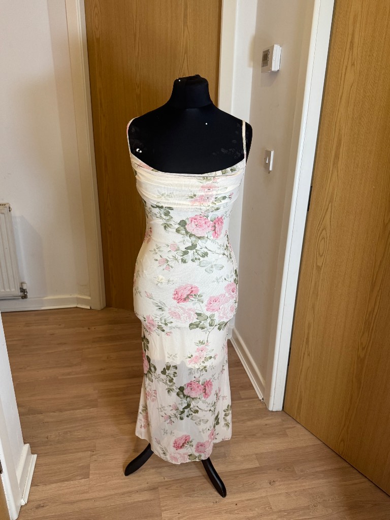 Floral print mesh overlay midi dress