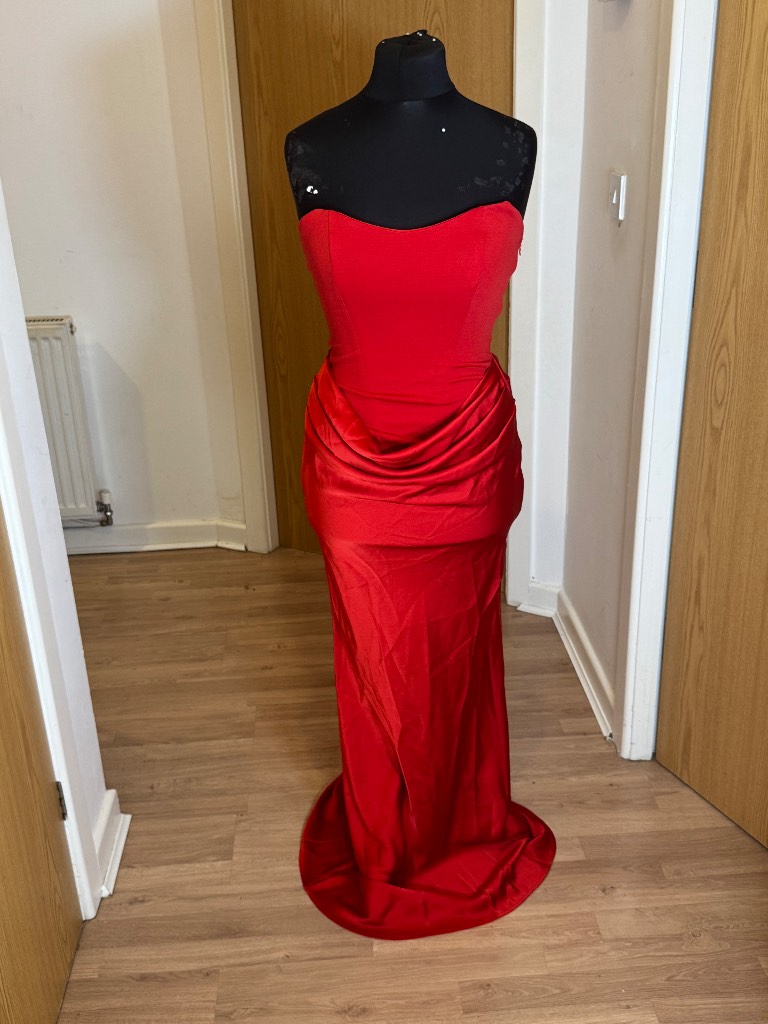 Red sleeveless drape maxi evening dress