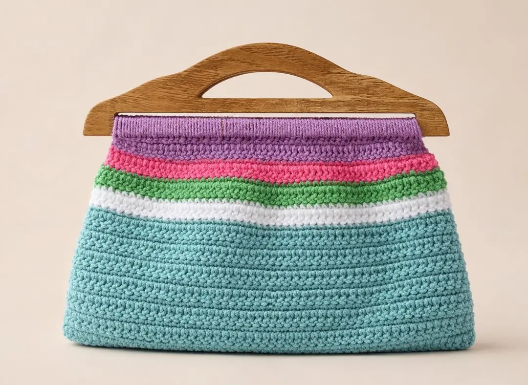 Handmade Crochet Bag with Wooden Handles – Colourful Pastel Design