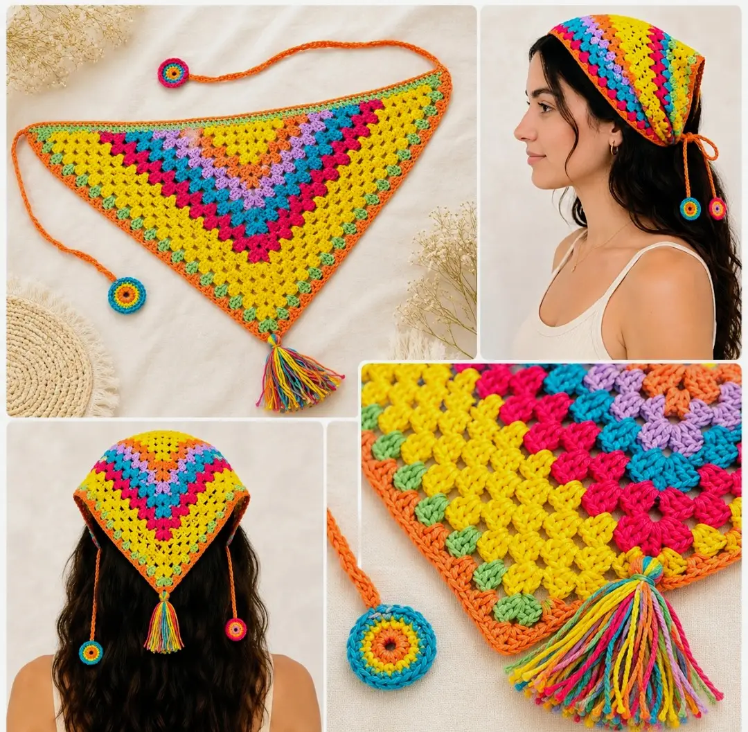 Handmade Bright Crochet Granny Stitch Bandana – Boho Festival Headscarf