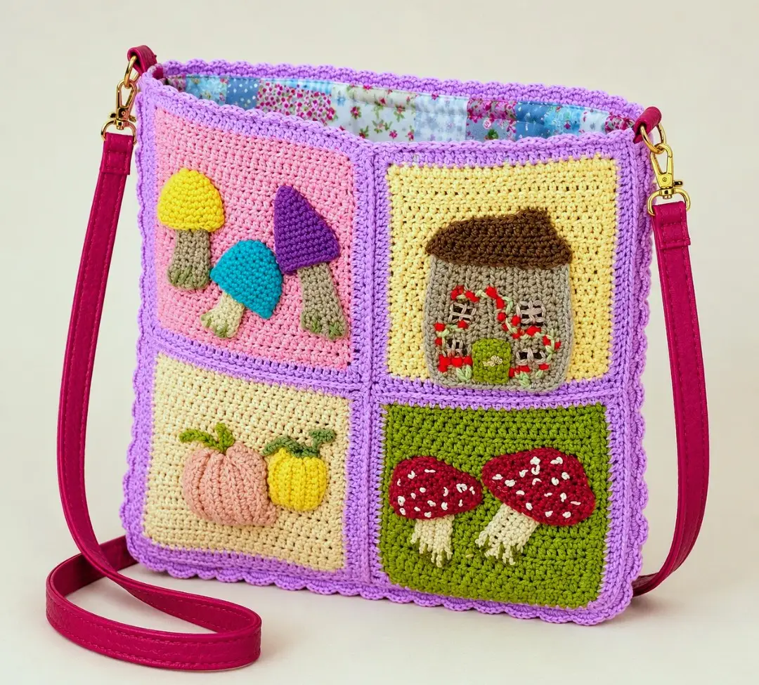 Handmade Crochet Cottagecore Shoulder Bag – Mushrooms, Pumpkins & Fairy House