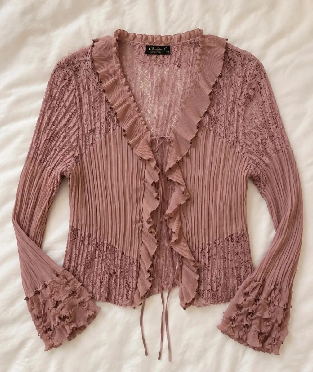 Claudia C Dusty Pink Lace Pleated Ruffle Blouse/Cardigan – Size 18