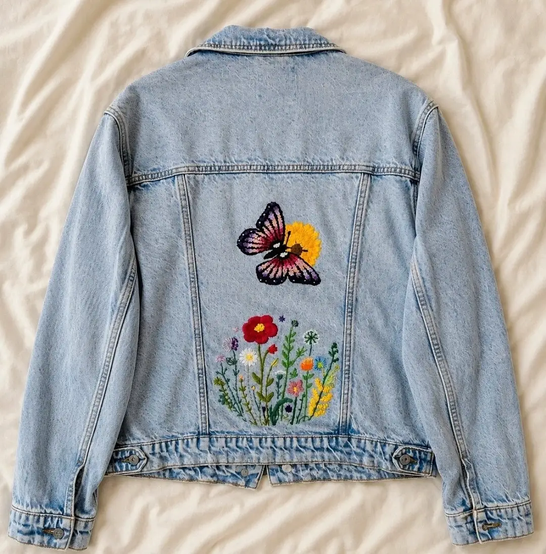 Hand Embroidered Upcycled Denim Jacket UK 16 – Unique Floral Design