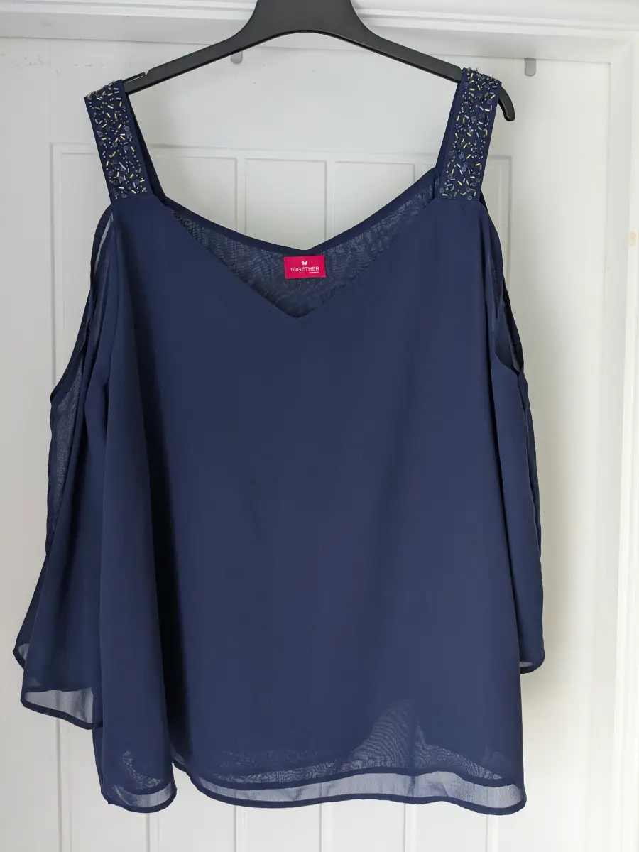 Together size 22, navy cold shoulder blouse, summer blouse, lightweight blouse, sparkling tops.