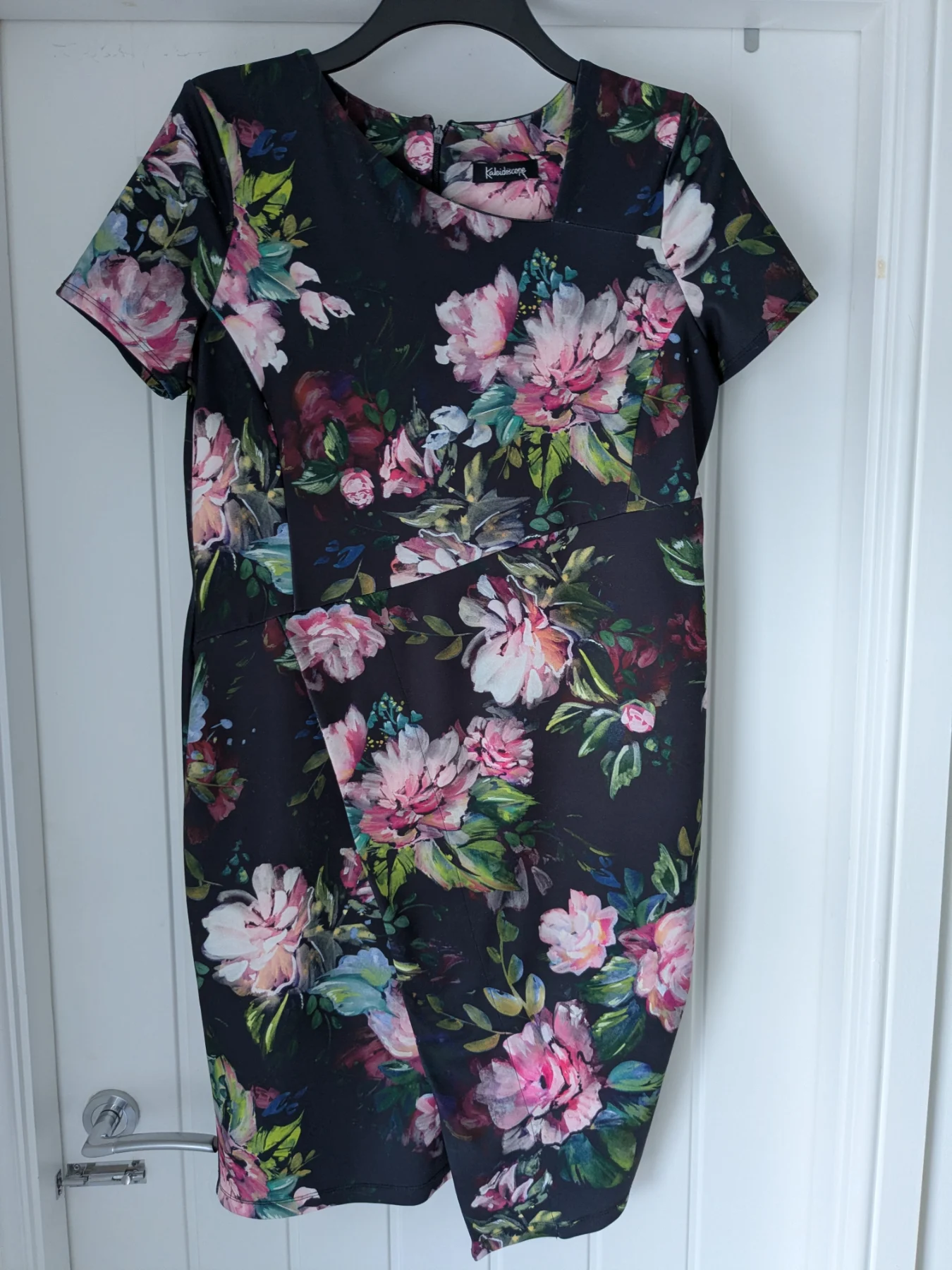 Kaleidoscope size 16 dress, black and multicoloured, faux wrap dress, midi dress.