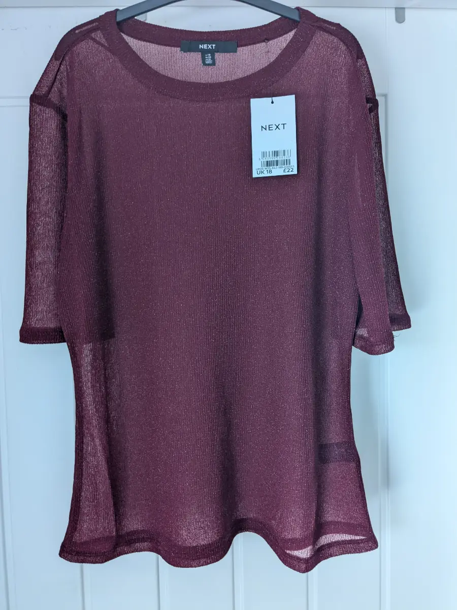 NWTS Next size 18 sheer sparkling top, short sleeved top, berry red top, beach cover up.