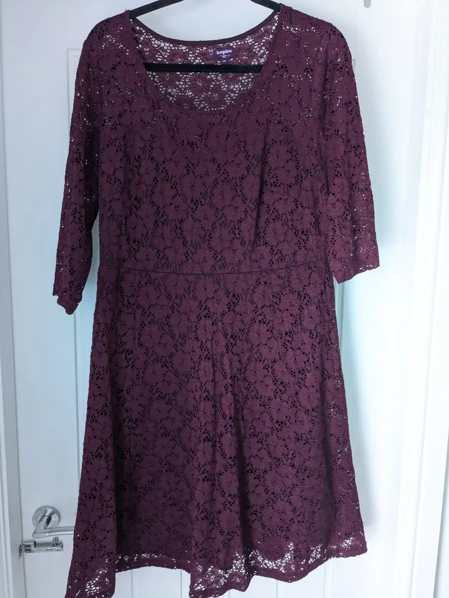 New Look Inspire dress size 20, dark purple dress, lace dress, special occasion dress.