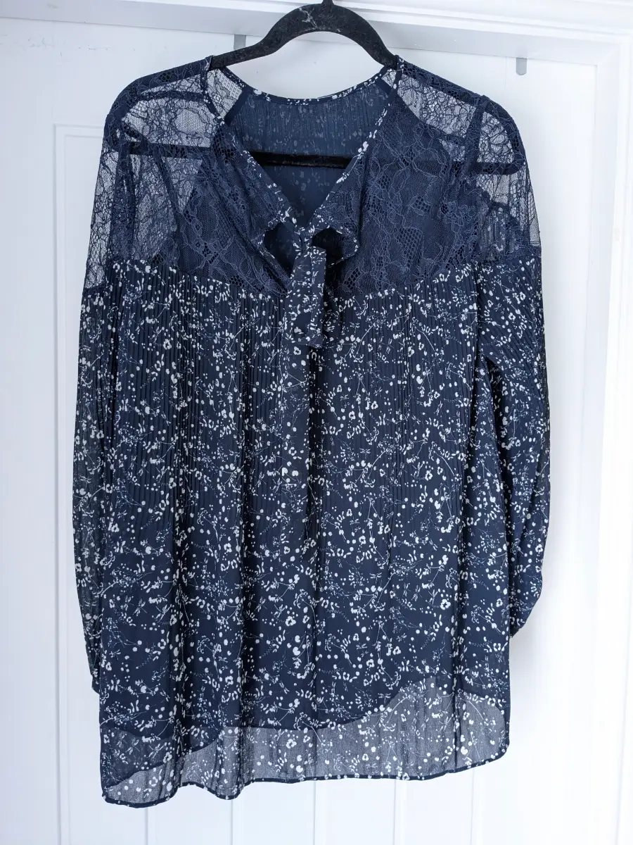 Next size 16 navy blouse, long sleeved top, sheer top with lining, work wear.