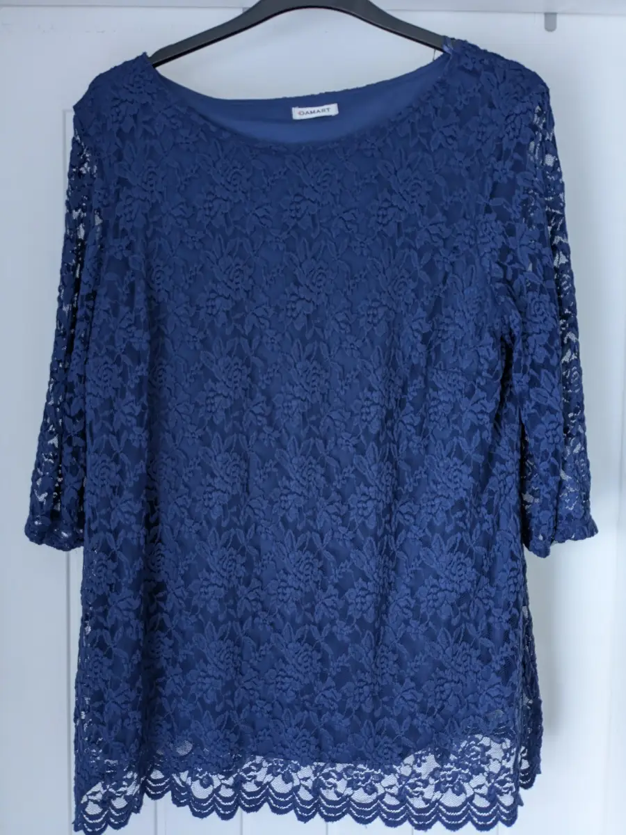 Damart size 22/24 navy royal blue blouse, lace blouse, autumn clothes, overlay blouse.