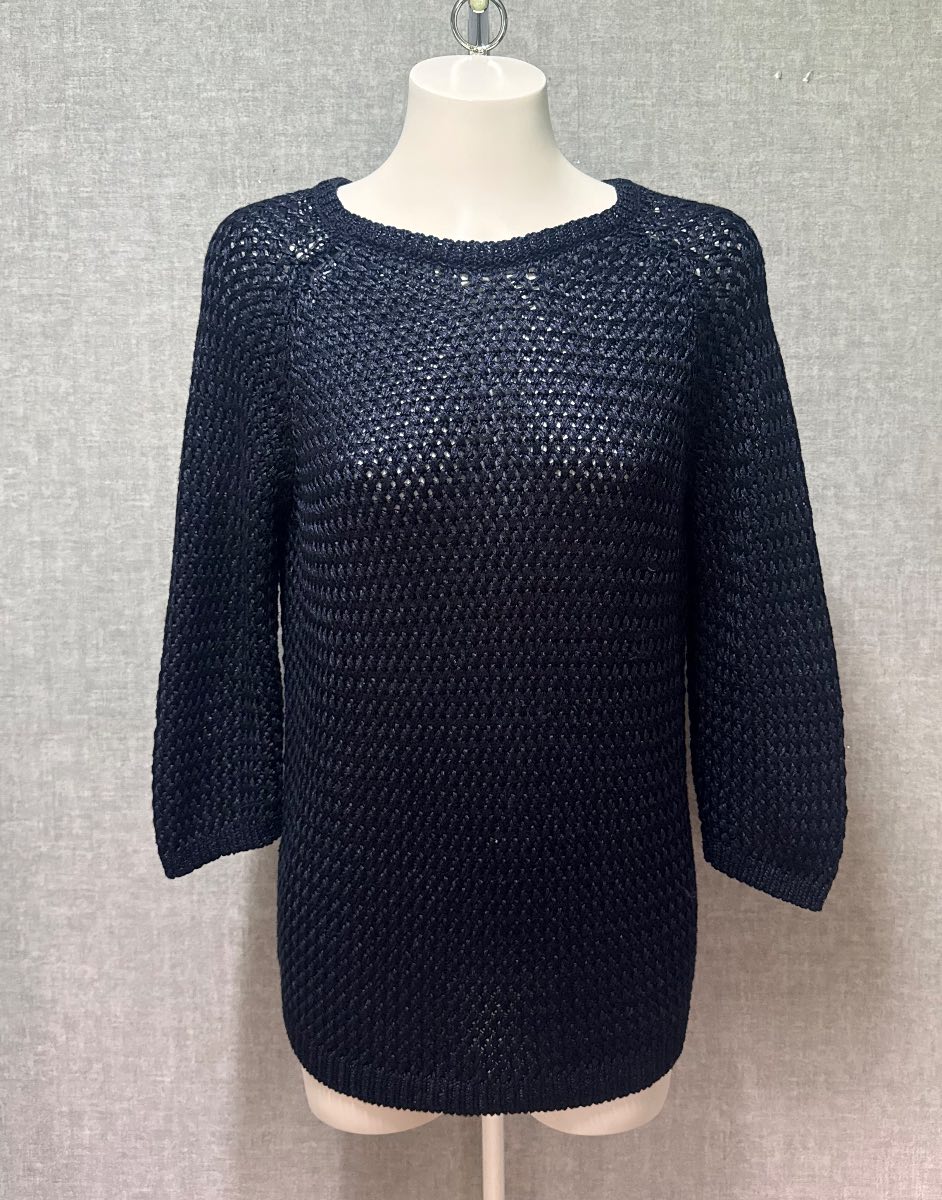 Wallis Navy Blue Open Knit Crochet 3/4 Sleeve Jumper Size M