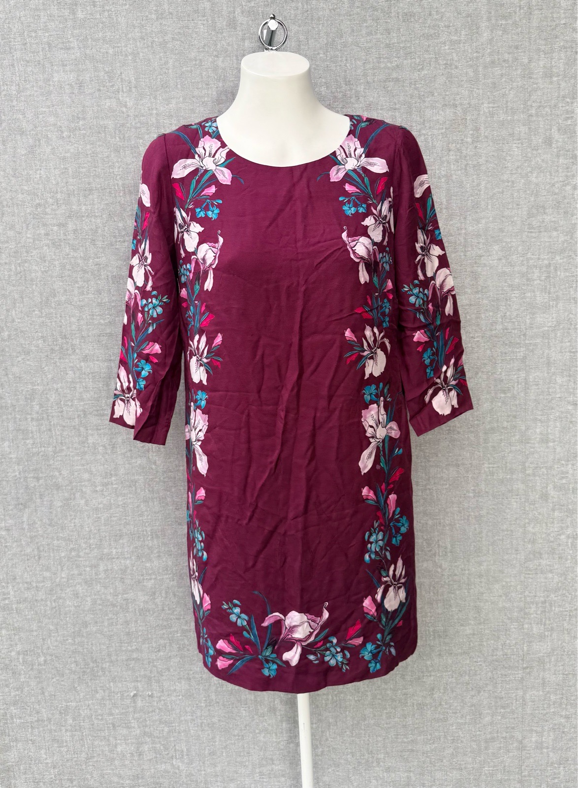 Monsoon Purple Floral Silk Viscose Shift Dress 3/4 Sleeve Keyhole Back UK 14