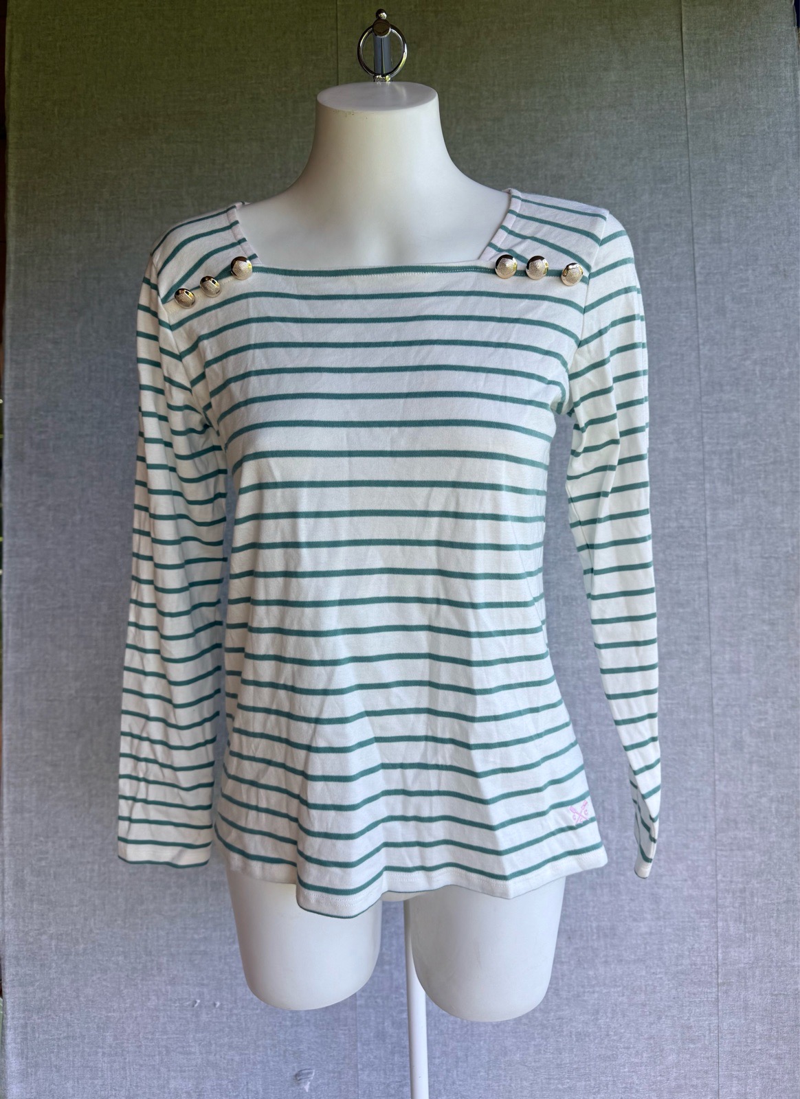Crew Clothing Company 100% Cotton Breton Striped Long Sleeve Top UK 12 Cream Green Button Nautical