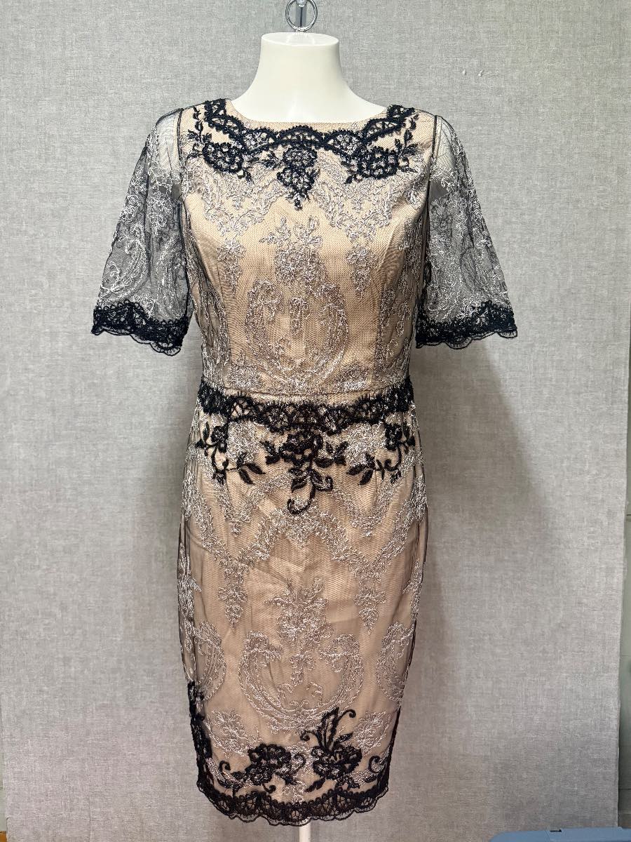 Monsoon UK 14 Nude Black Silver Embroidered Lace Wedding Occasion Midi Dress