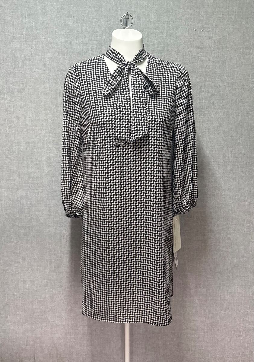Adrianna Papell UK 14 Black Ivory Houndstooth Pussy Bow Shift Dress