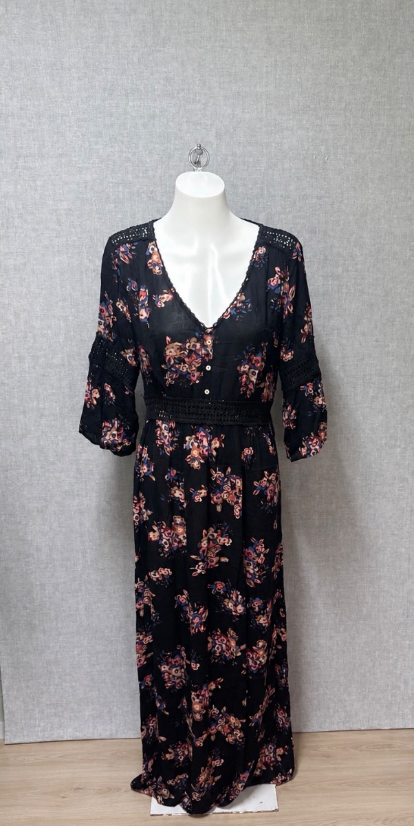 Joe Browns 100% Viscose Vintage Inspired Black Crochet Lace Festival Floral Boho Maxi Dress UK 16