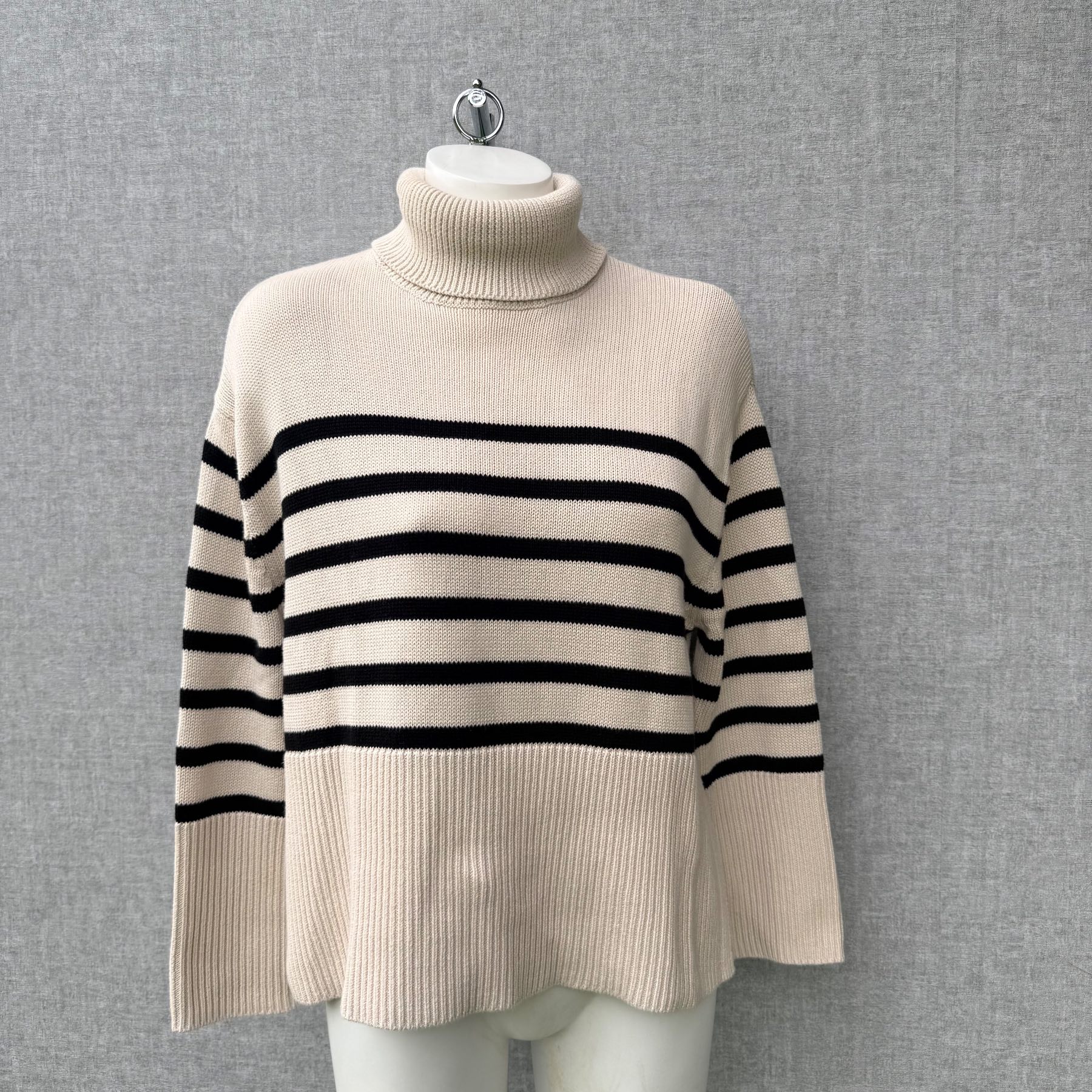 GAP Cream & Black Striped 100% Cotton Breton Oversized Knit Roll Neck Jumper XS (UK 6-8)