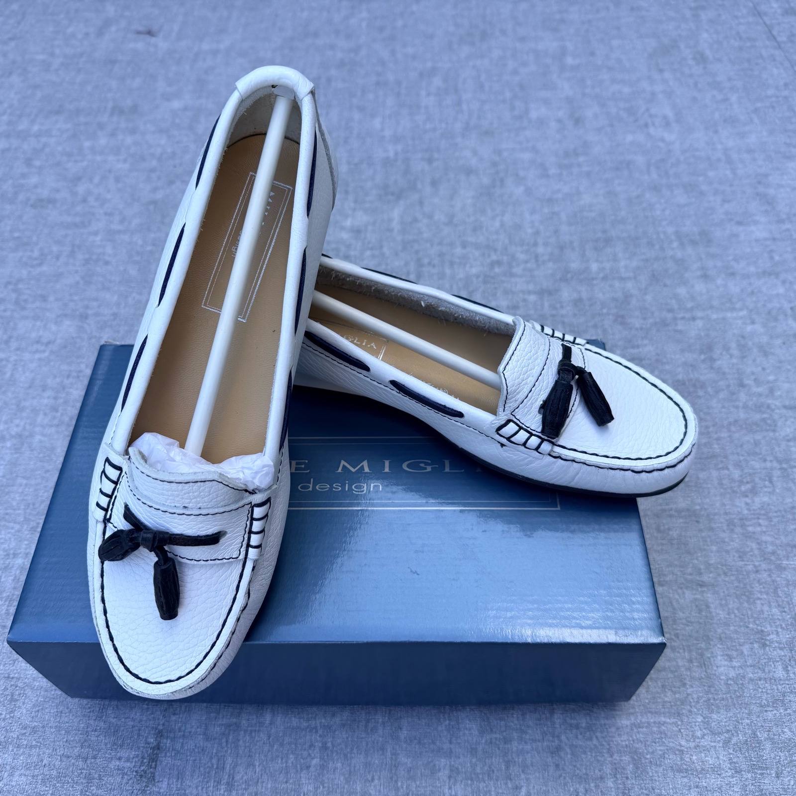 Mille Miglia White Leather Tassel Loafers Moccasins Navy UK 5 EU 38