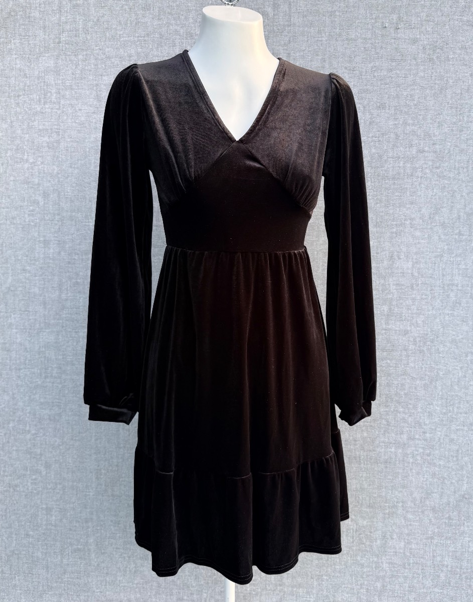 Oasis Black Velvet Empire Line Skater Long Sleeve Party Winter Christmas Dress Size S
