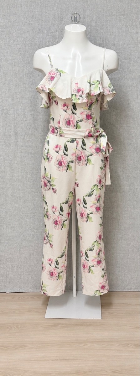 Miss Selfridge Cream Pink Floral Ruffle Straight Leg Summer Jumpsuit UK 10