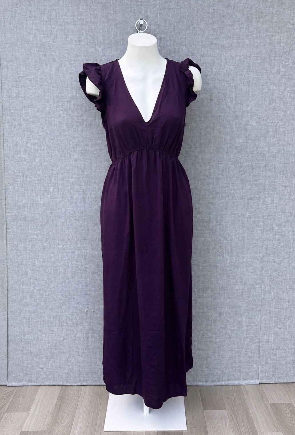 Maison de Nimes Plum Purple V Neck Midi Dress Size L (UK 14-16) BNWT Ruffle Sleeve