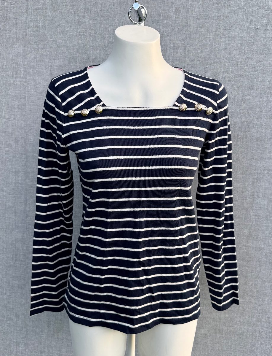 Crew Clothing Company Navy White Breton Nautical Stripe Square Neck Button Top Size 10