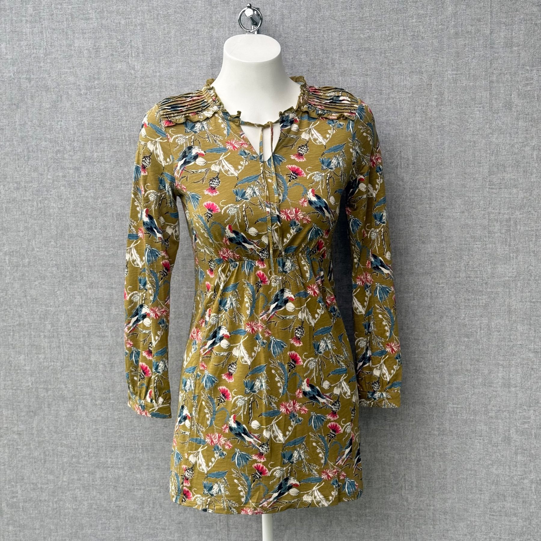 White Stuff Mustard Bird Floral Print Long Sleeve Boho Cottagecore Tunic Top UK 6-8