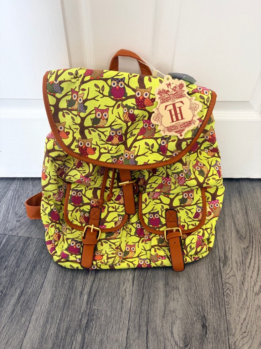 Anna smith backpack, lime green with owl print