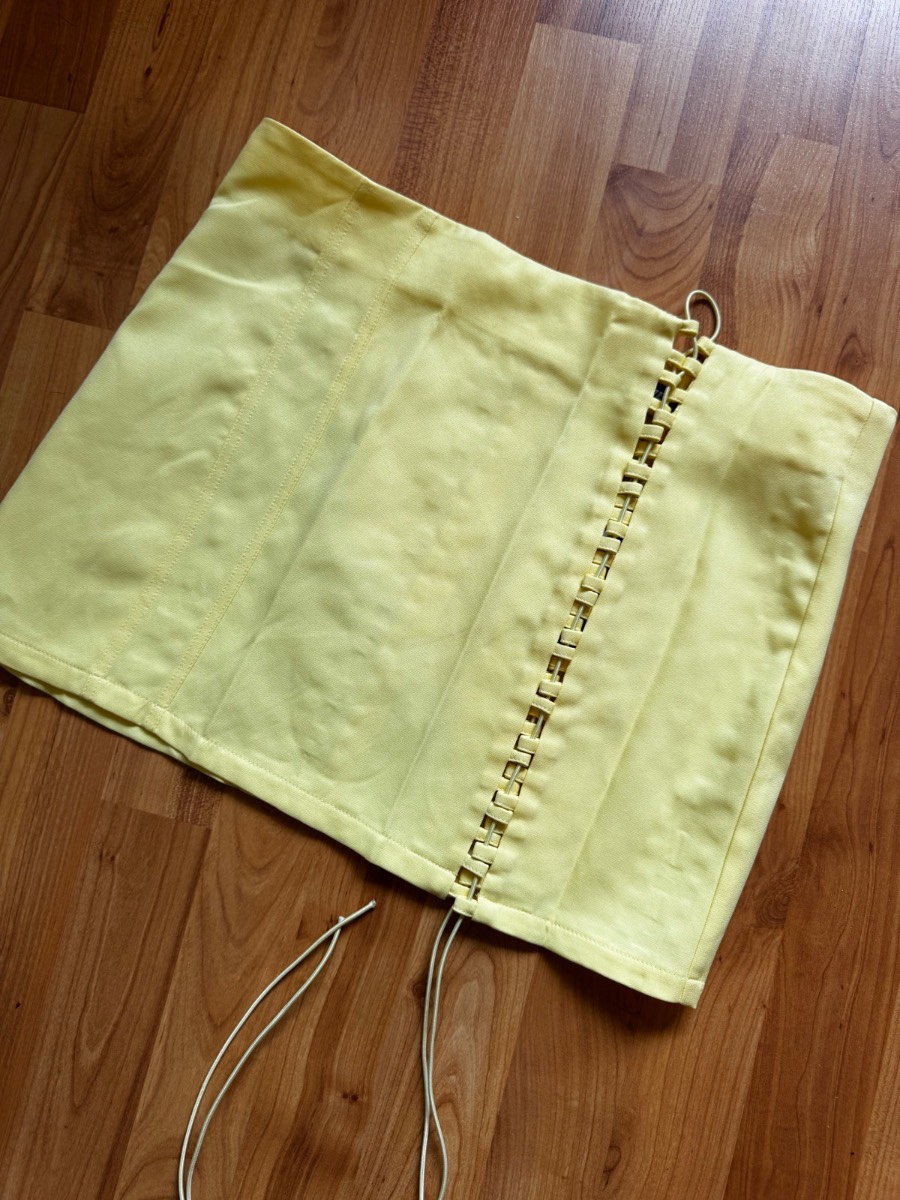 Peached Yellow Lace Up Front Mini Skirt UK 10 Bodycon High Waist Summer Coquette