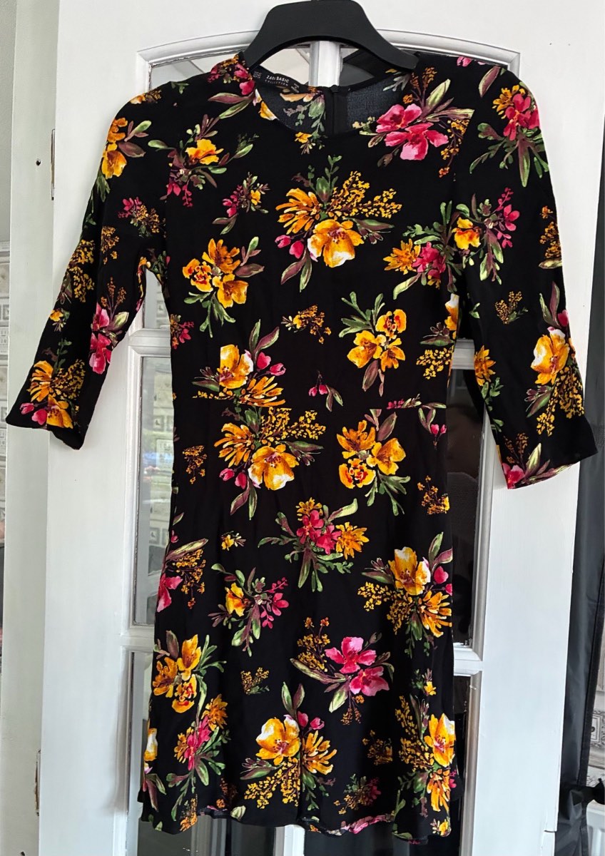 ZARA Basic Black Floral Mini Tea Dress 3/4 Sleeve Size XS UK 6-8