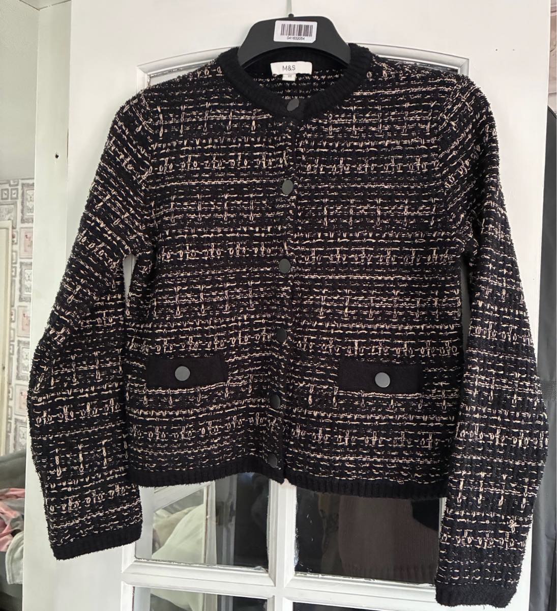 M&S Black Neutral Tweed Bouclé Cardigan Jacket Crew Neck Size XS UK 6-8