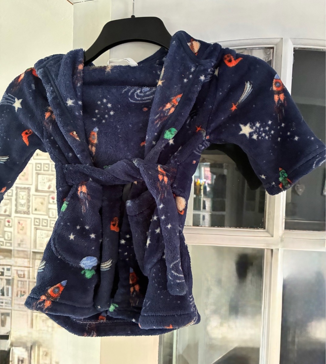M&S Navy Space Print Fleece Dressing Gown Robe 18-24 Months (1.5-2 Yrs)