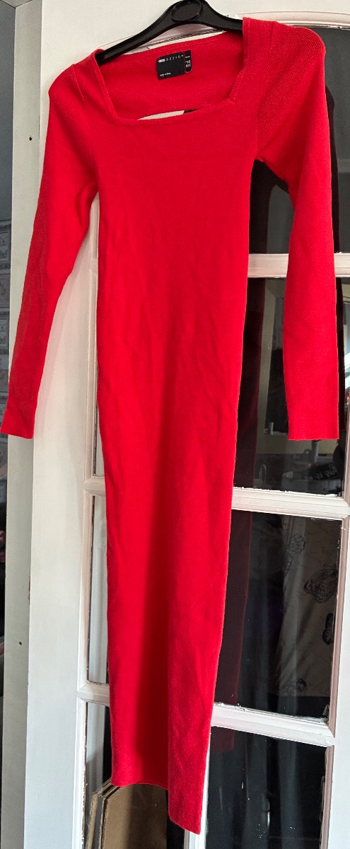 ASOS DESIGN Petite Bright Red Ribbed Knit Square Neck Backless Midi Dress UK 2