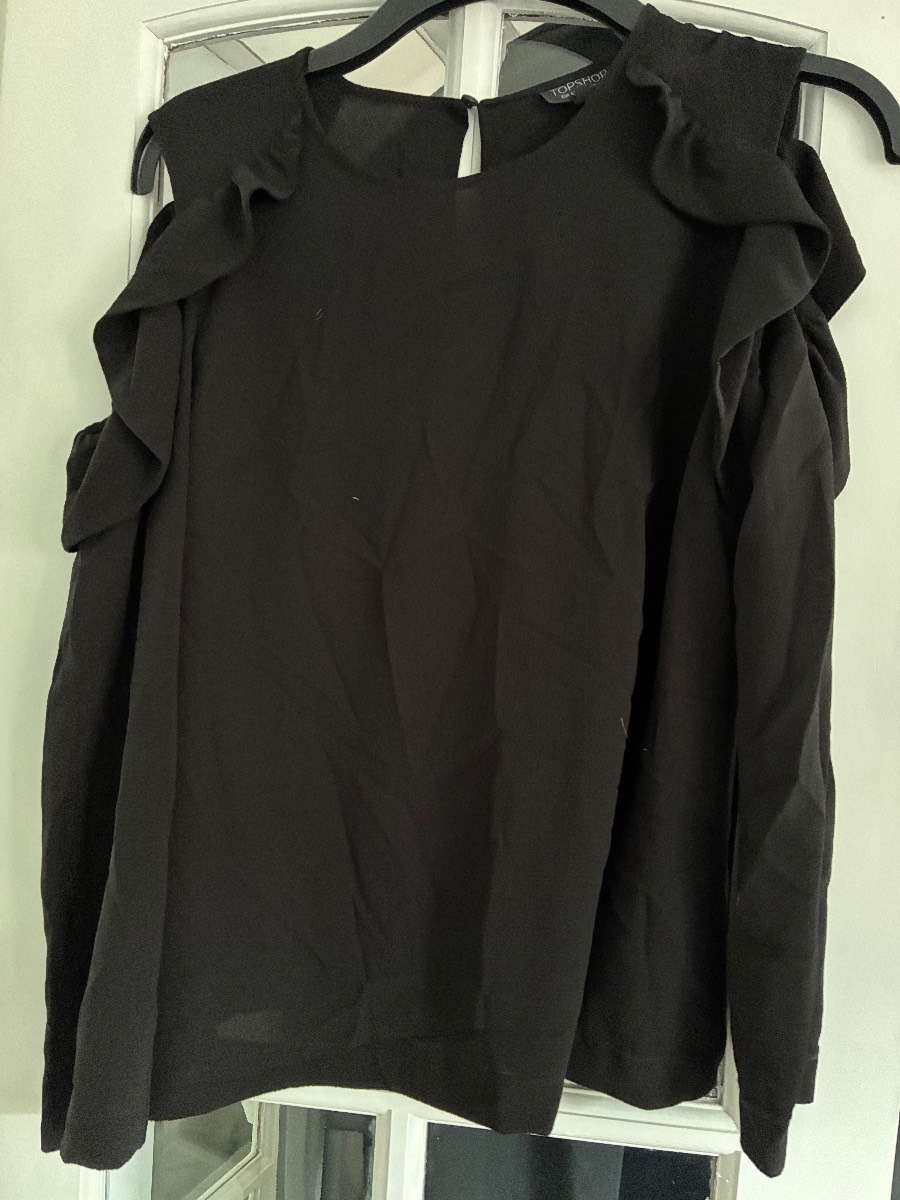 Topshop Black Cold Shoulder Ruffle Long Sleeve Blouse Top UK 14