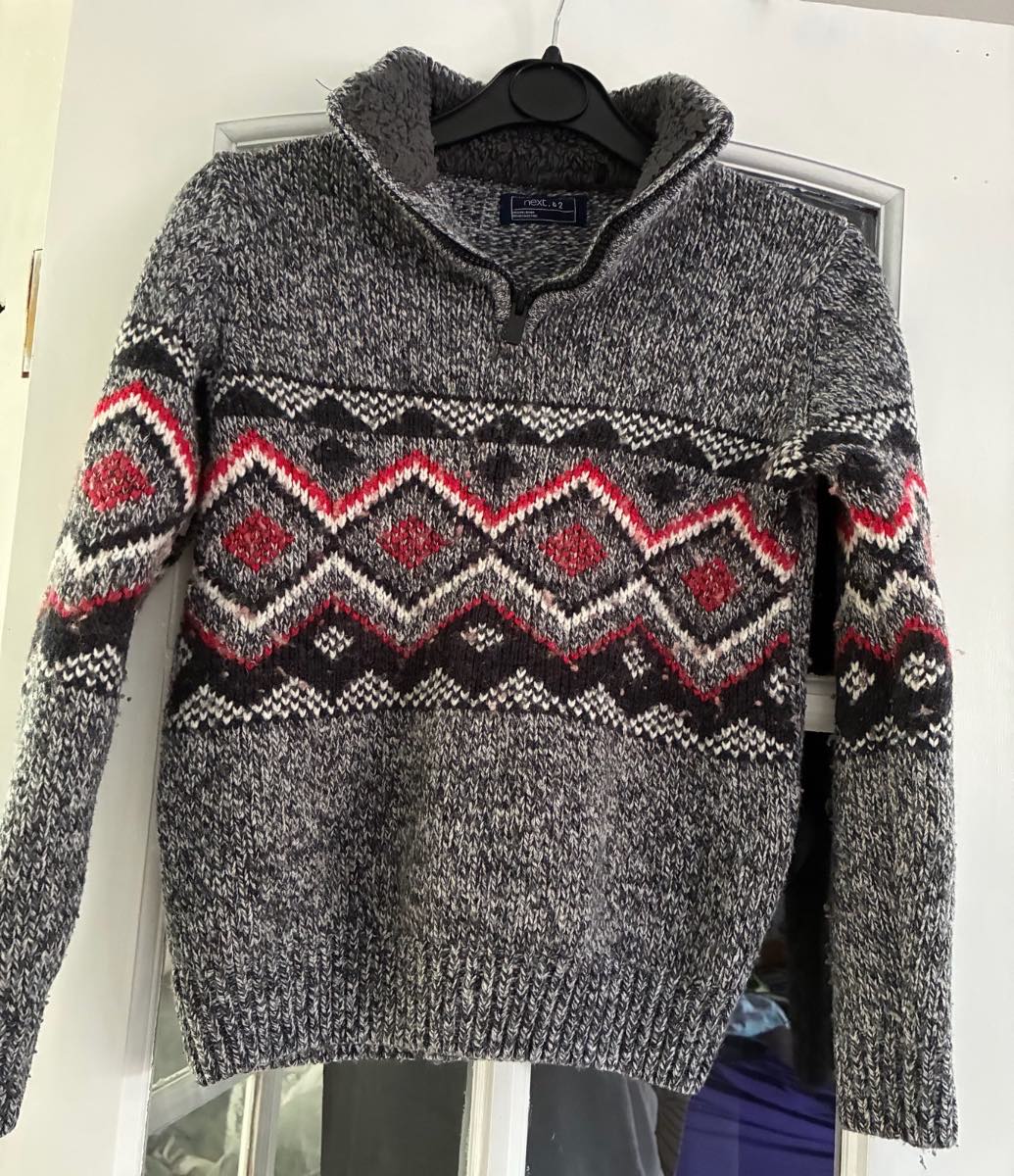 Next Boys Grey & Red Fair Isle Chunky Half Zip Jumper Wool Blend Age 10 Yrs 140cm